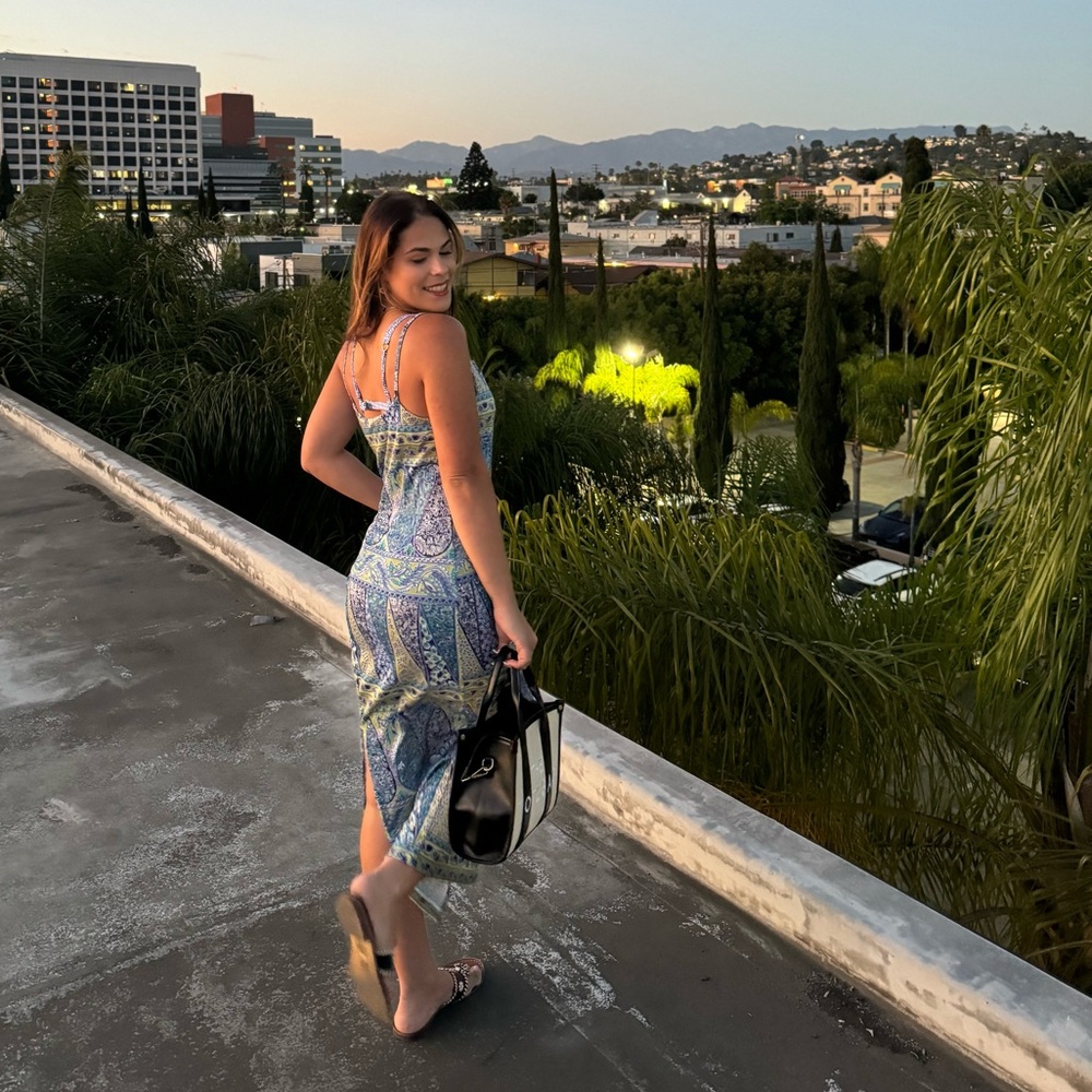 VINTAGE EURO SUMMER Silky Blue Green Maxi Slit Vacation Dress (Size L)